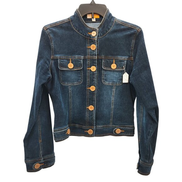 Anthropologie Tulle Jean Jacket Contrast Stitch Detail Button Front Nehru Collar - Picture 3 of 11